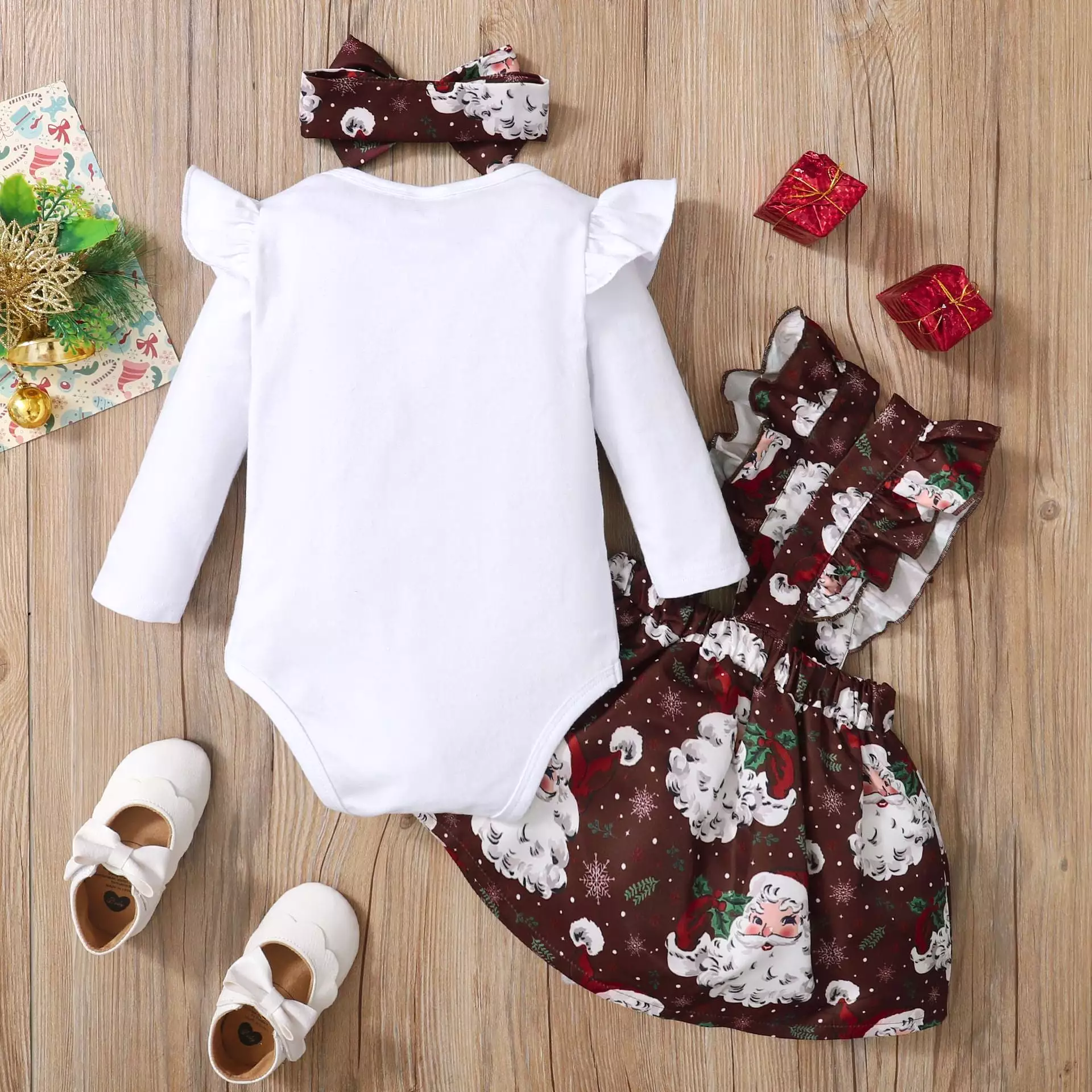 2 Pieces Set Baby Girls Christmas Solid Color Print Rompers And Cartoon Dresses Wholesale 23101525