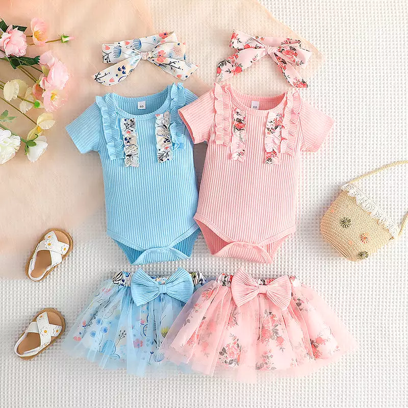 2 Pieces Set Baby Kid Girls Flower Print Rompers And Skirts Wholesale 24011112