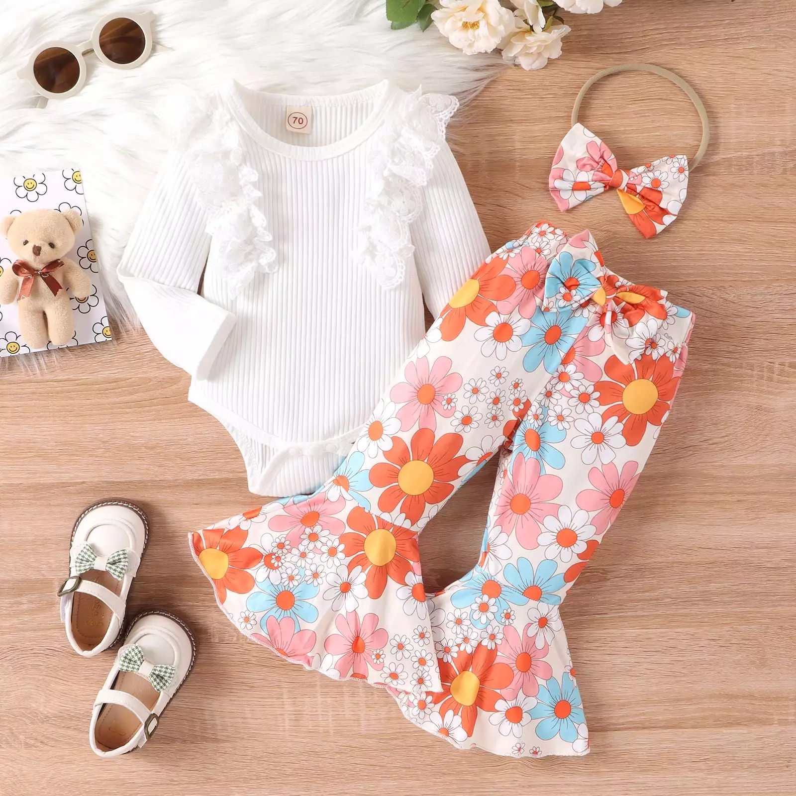 2 Pieces Set Baby Kid Girls Solid Color Print Rompers And Flower Pants Wholesale 24011126