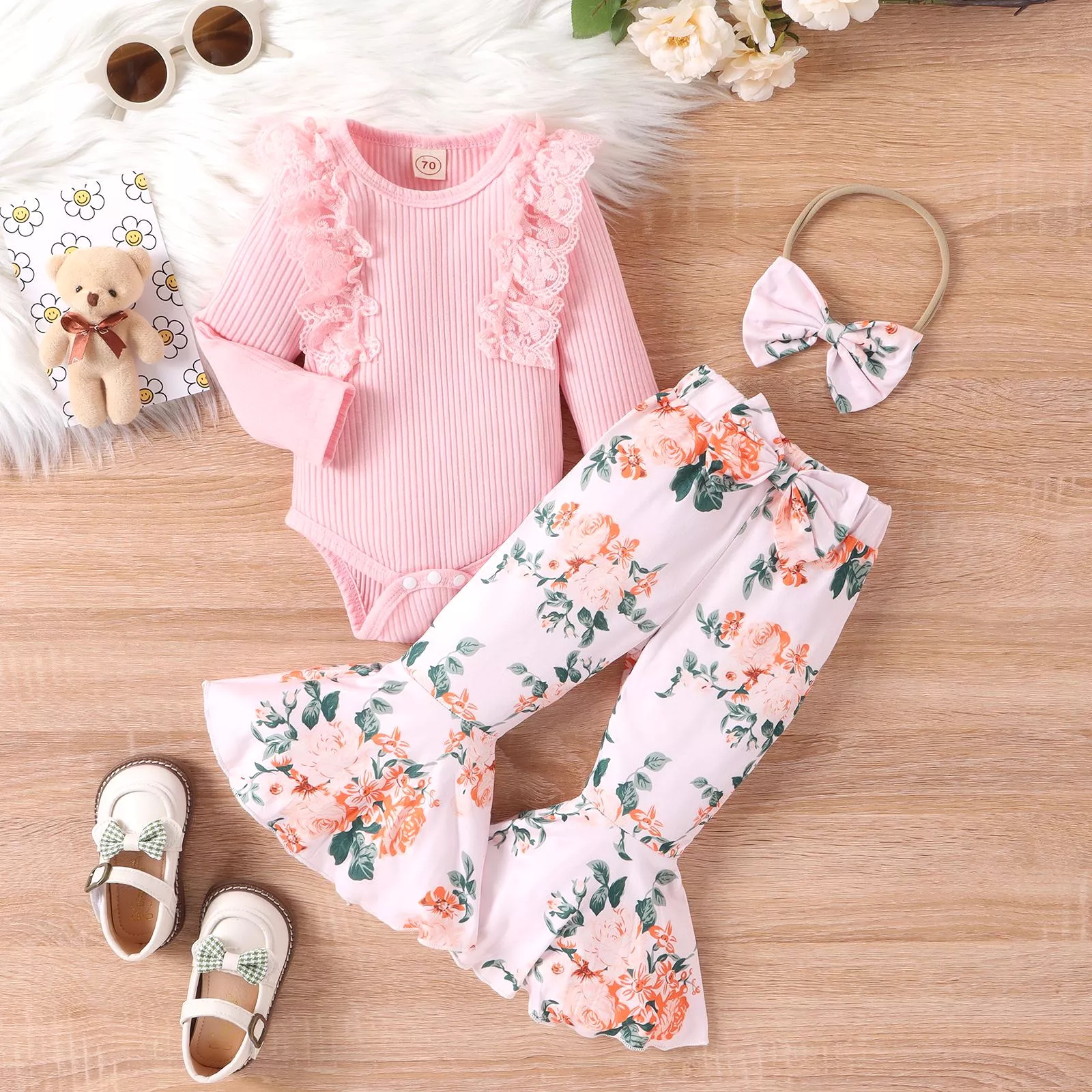 2 Pieces Set Baby Kid Girls Solid Color Print Rompers And Flower Pants Wholesale 24011126