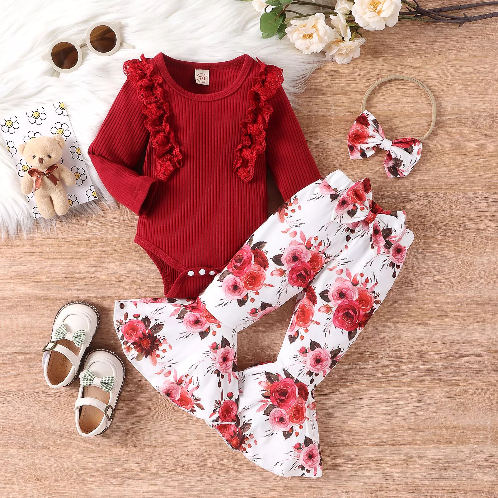 2 Pieces Set Baby Kid Girls Solid Color Print Rompers And Flower Pants Wholesale 24011126