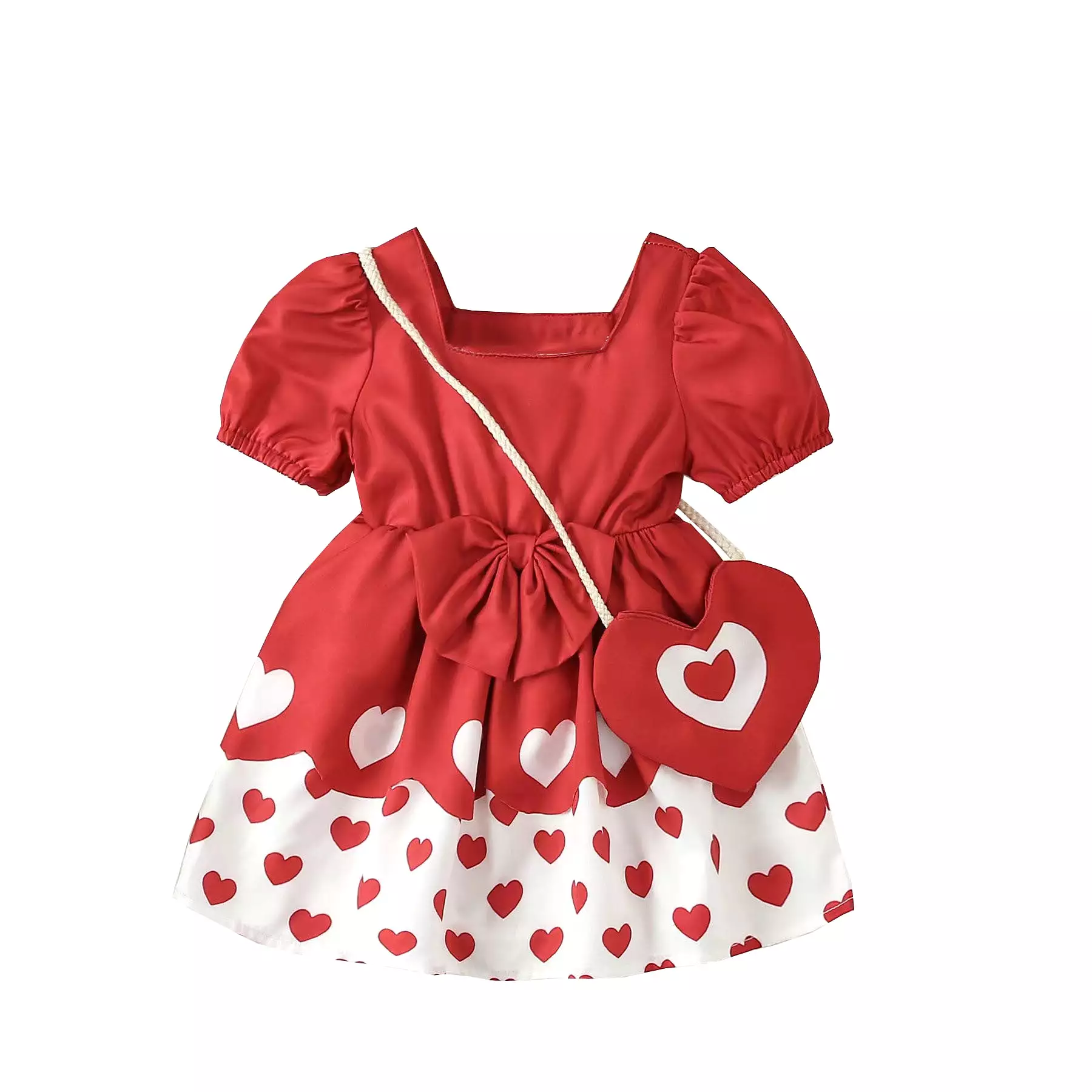 Baby Kid Girls Love heart Bow Print Valentine's Day Dresses Wholesale 24030149