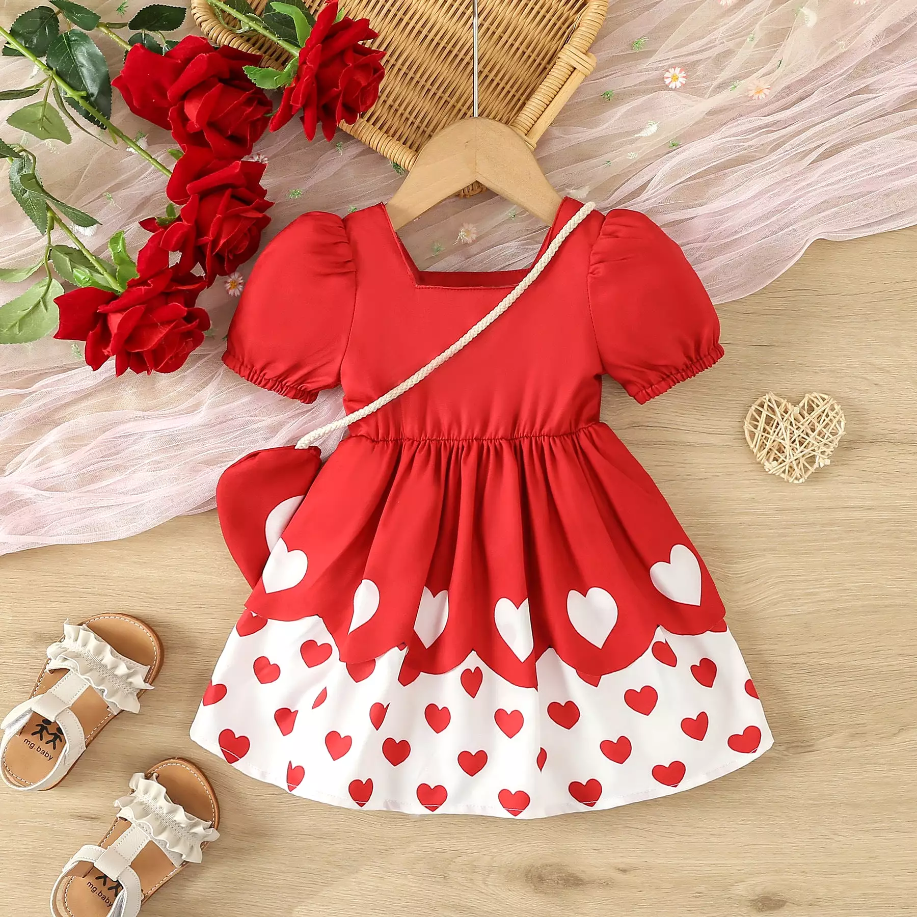 Baby Kid Girls Love heart Bow Print Valentine's Day Dresses Wholesale 24030149