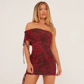 Bardot Ruched Side Mini Bodycon Dress In Red Leopard Print Mesh