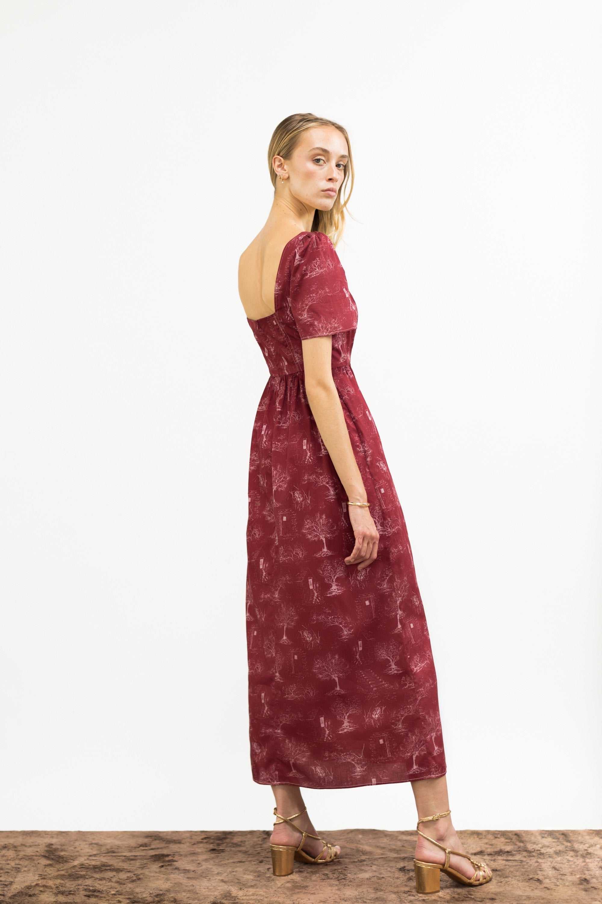 Beatrice Maxi Dress With Sweetheart Neckline / Ruby Red + Alabaster Cotton Toile