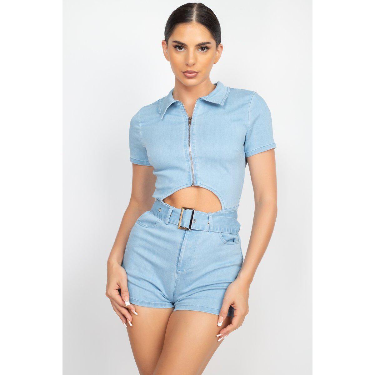 Belted Zip-up Denim Romper