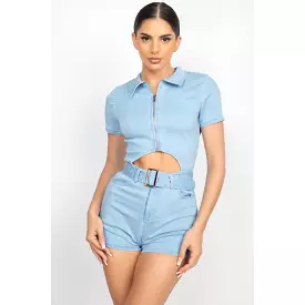 Belted Zip-up Denim Romper