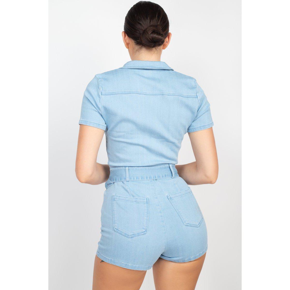 Belted Zip-up Denim Romper