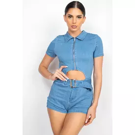 Belted Zip-up Denim Romper