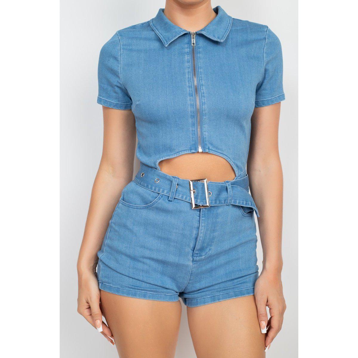 Belted Zip-up Denim Romper