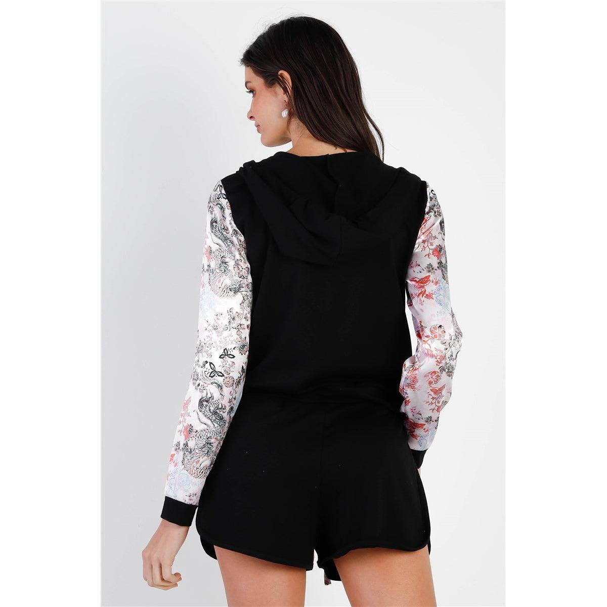 Black & Multi Color Print Colorblock Zip-up Hooded Top & Short Set