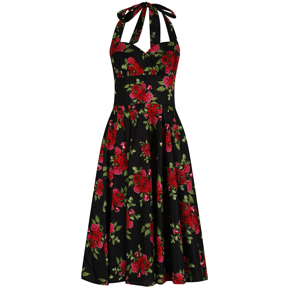 Black and Red Roses Vintage 50s Halterneck Rockabilly Dress