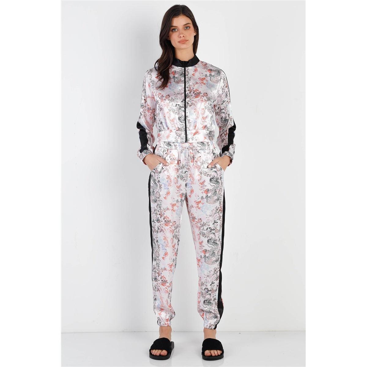 Black Contrast Satin Effect Multi Color Print Zip-up Jacket & Pants Set