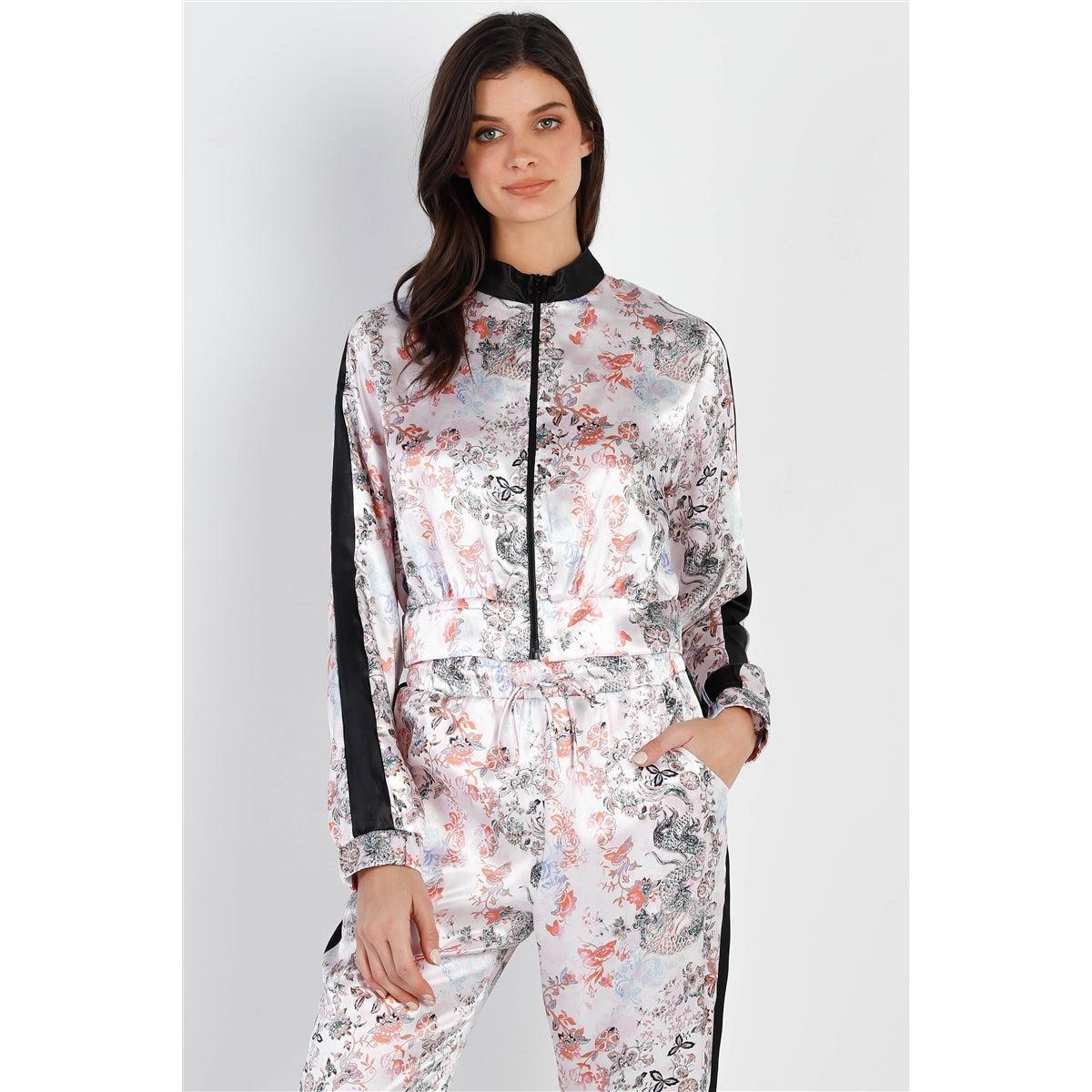 Black Contrast Satin Effect Multi Color Print Zip-up Jacket & Pants Set