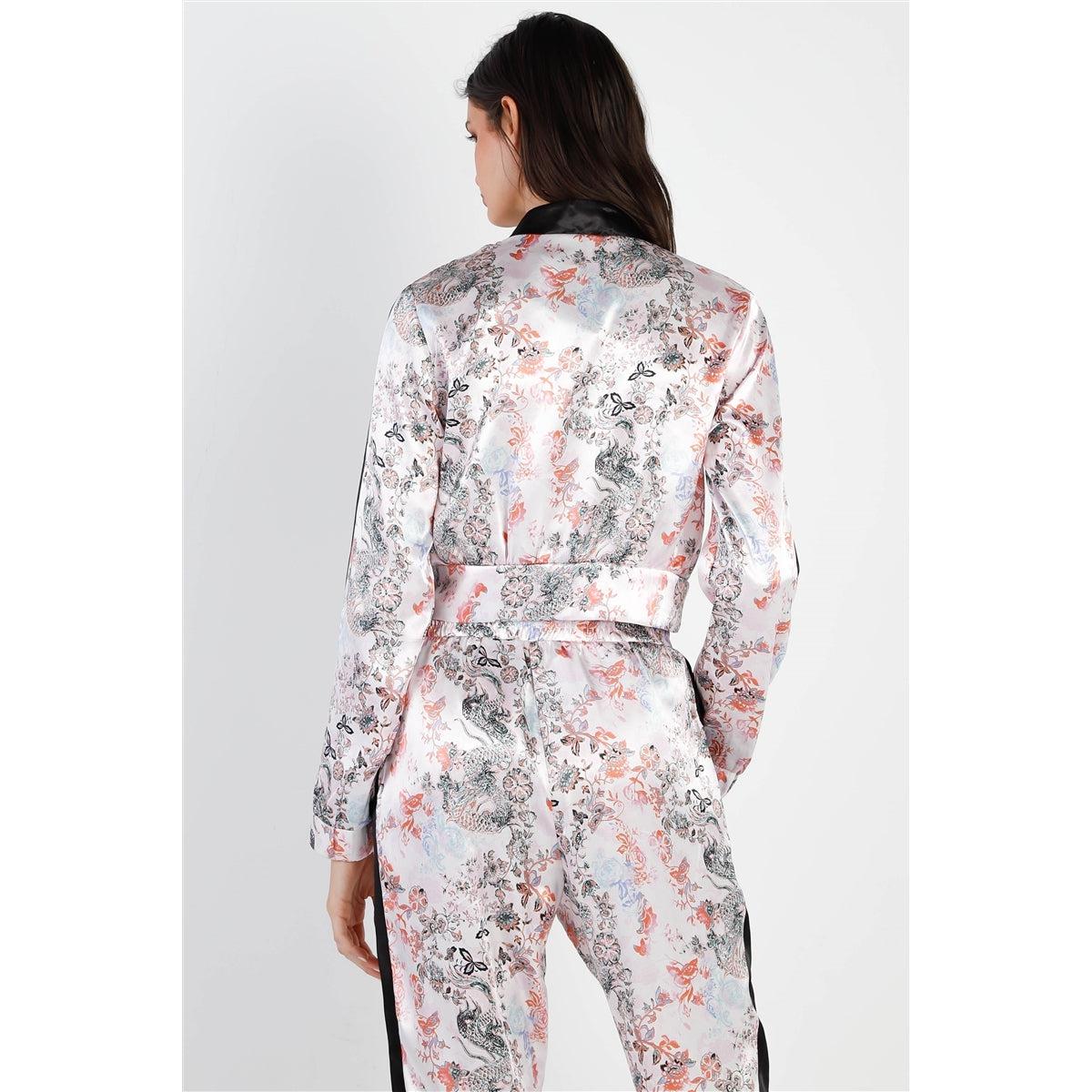 Black Contrast Satin Effect Multi Color Print Zip-up Jacket & Pants Set