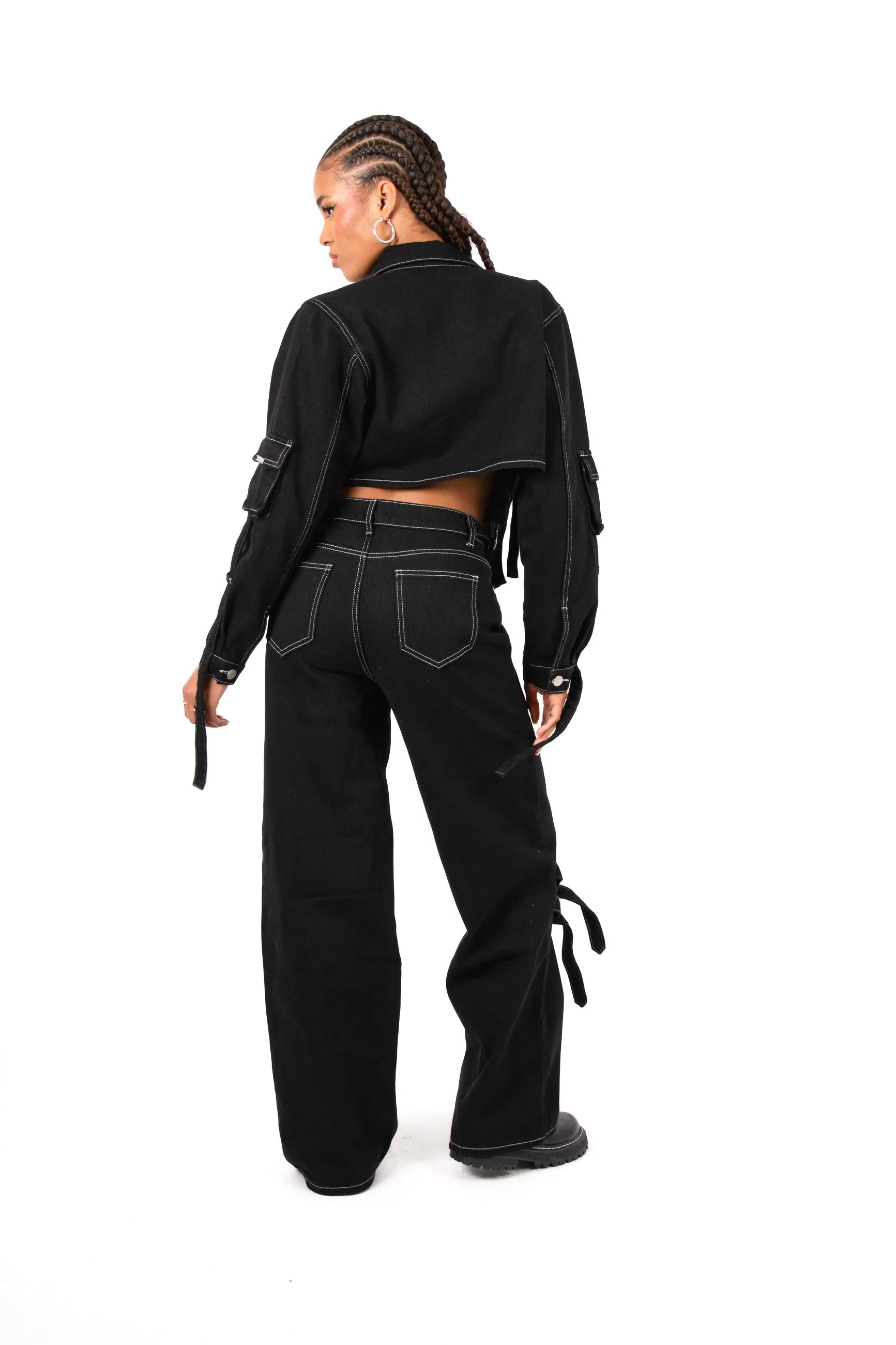 Black Contrast Stitch & Buckle Straight Leg Jeans