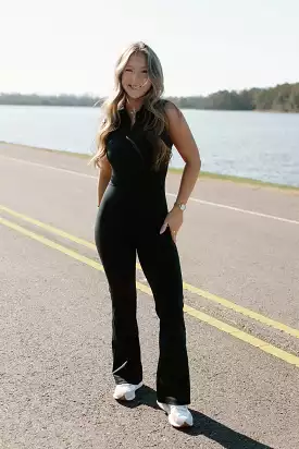 Black Half Zip Flare Athletic Jumpsuit