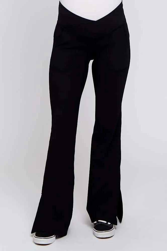 Black V-Waist Ribbed Bootcut Maternity Leggings