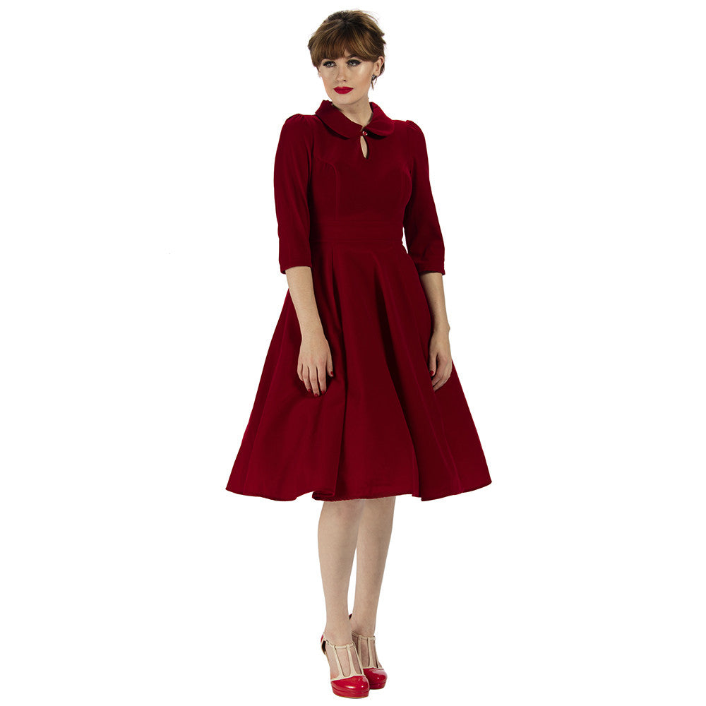 Burgundy Red Vintage Velvet 3/4 Sleeve Dress