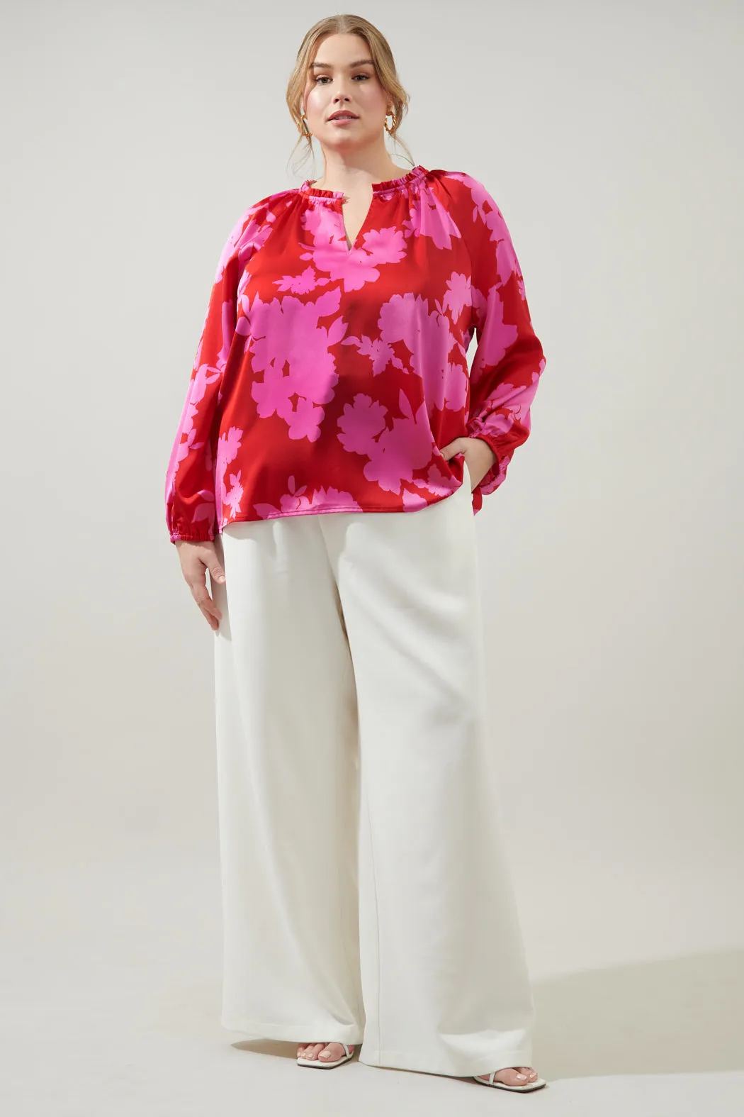 Burning Love Jovie Split Neck Satin Raglan Blouse Curve