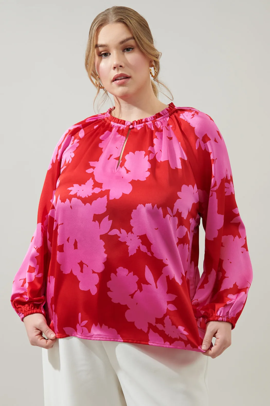 Burning Love Jovie Split Neck Satin Raglan Blouse Curve