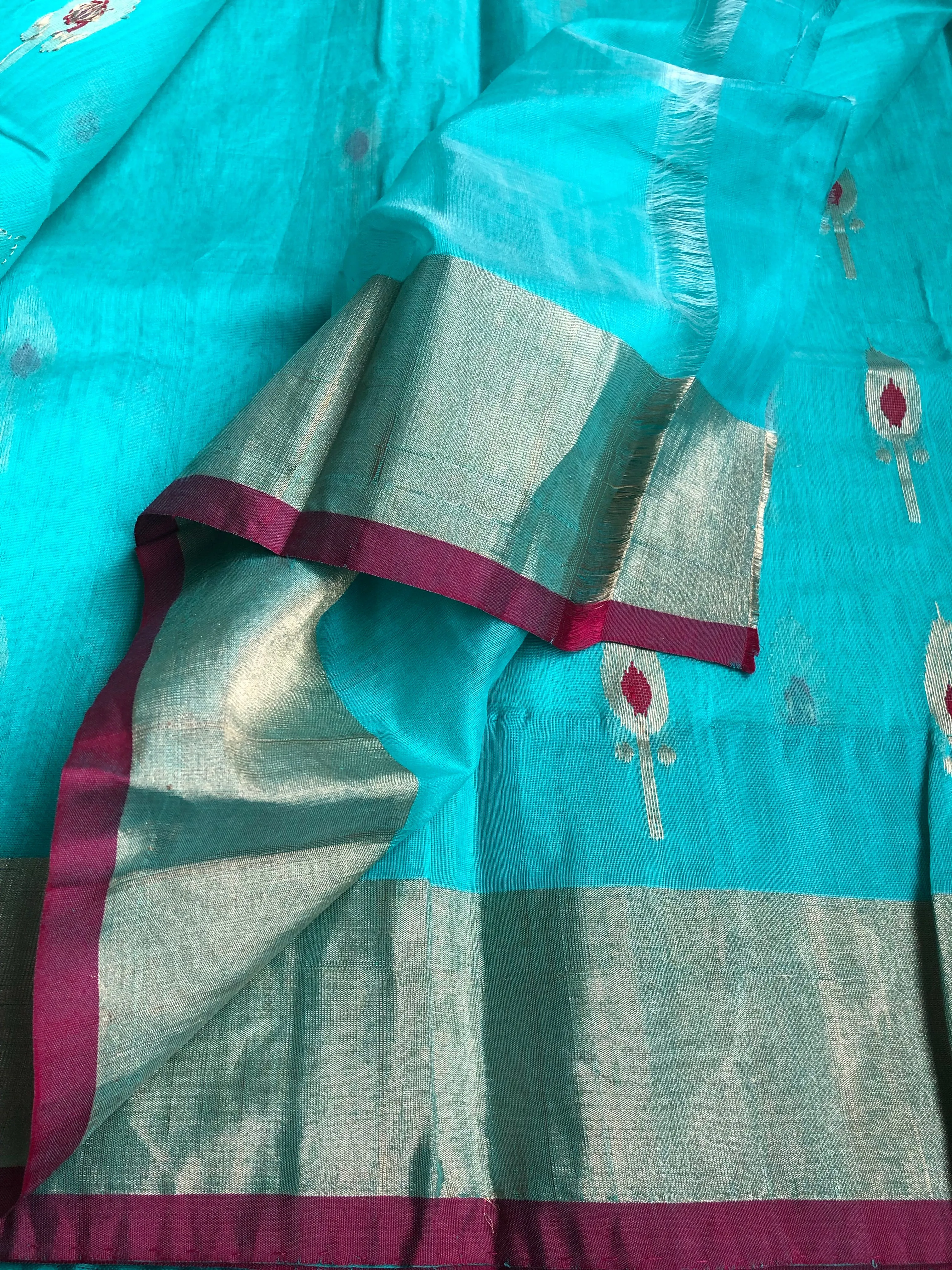 Chanderi Katan Silk Cotton - Firozi Meenakari