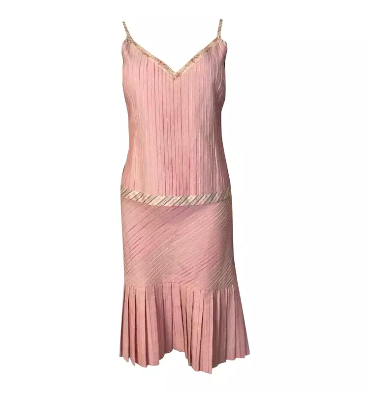 Chanel 03P, 2003 Spring pink camisole top matching Pleated accordion skirt set FR 42 US 8