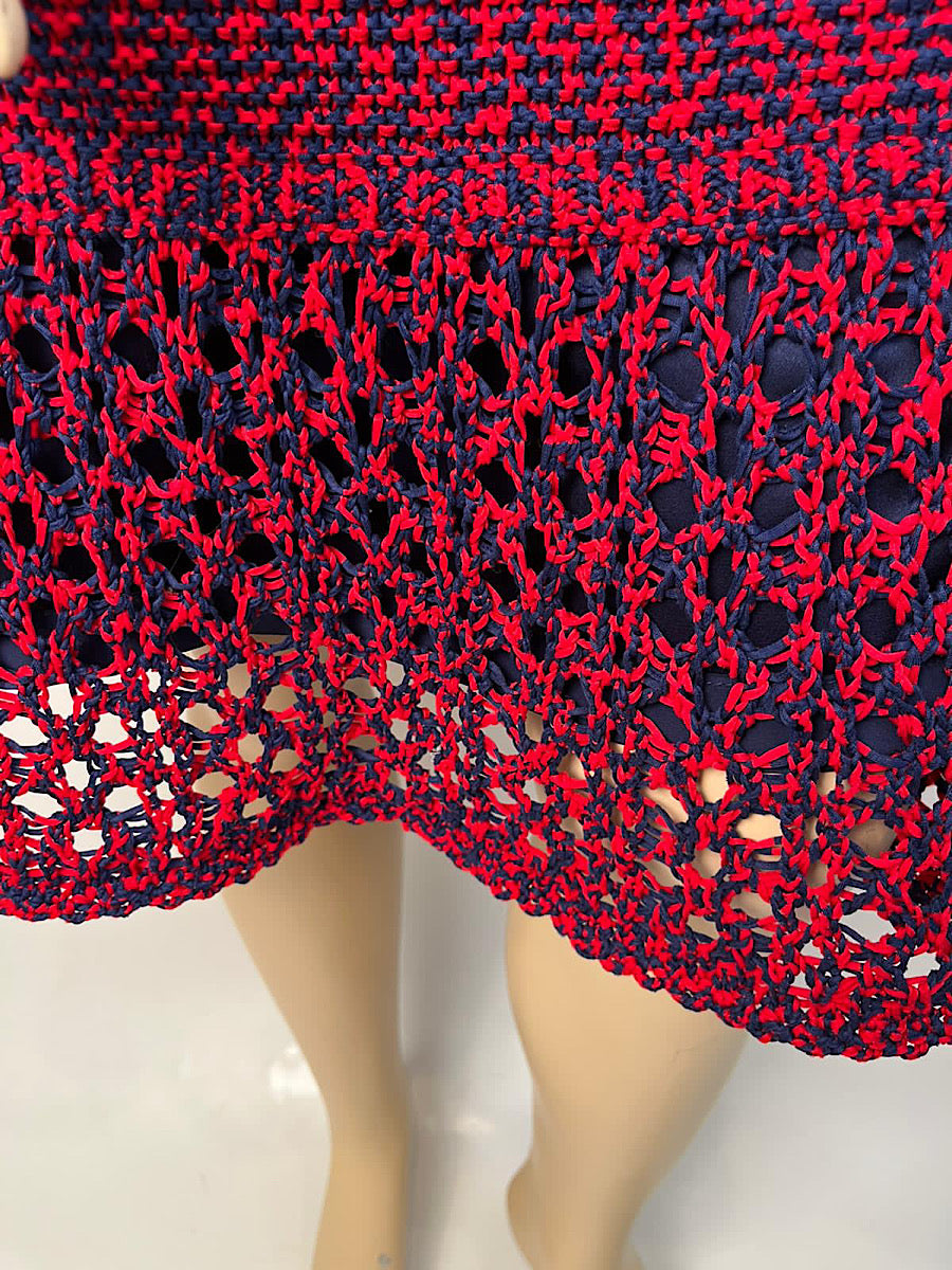 Chanel 14P 2014 Spring Crochet Navy Red Dress US 12/14/16