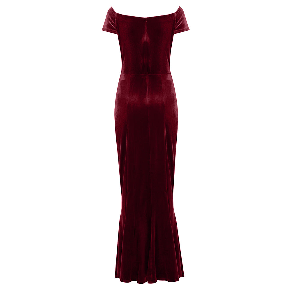 Claret Red Cap Sleeve Twist Bust Fishtail Hem Velour Maxi Dress