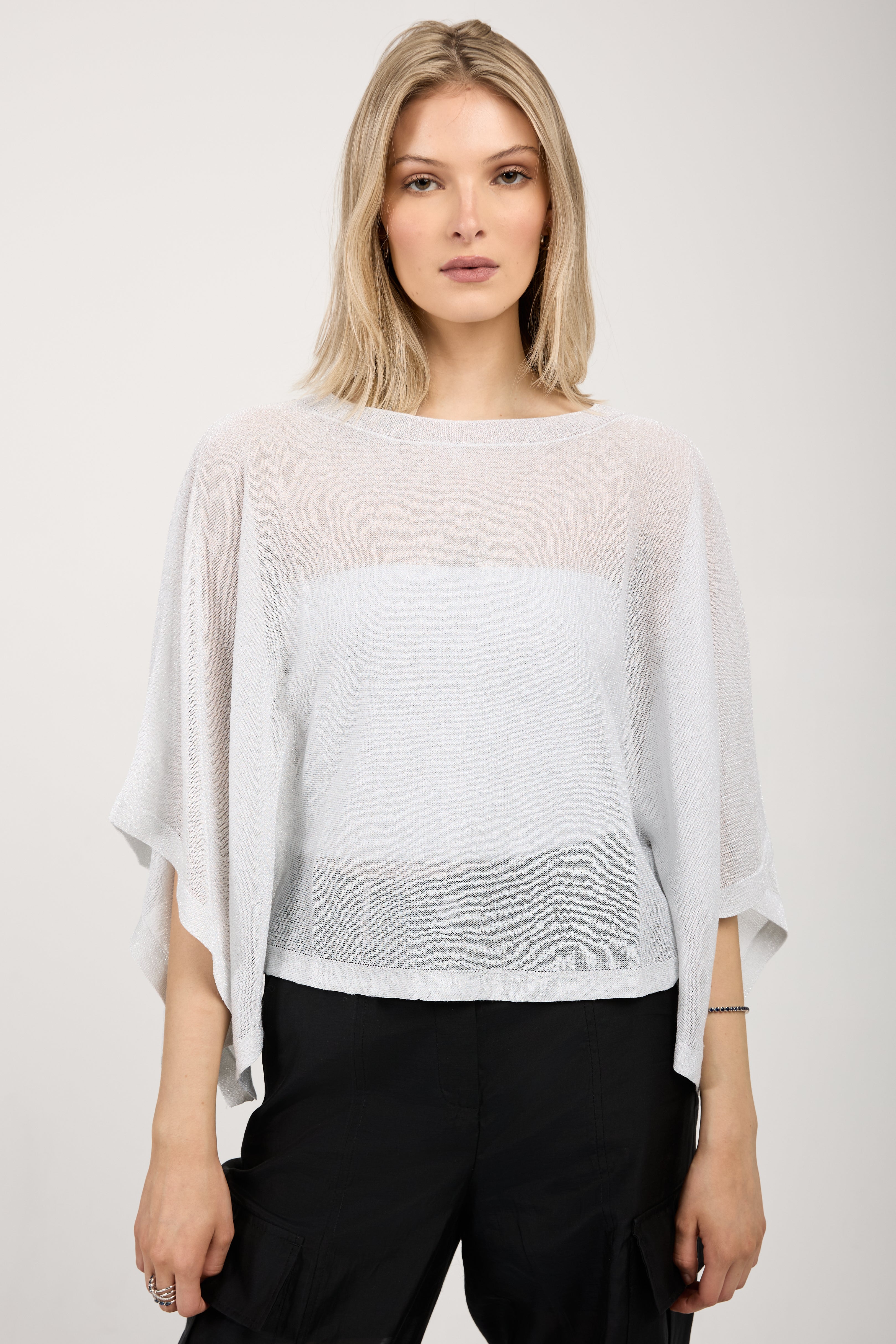 Cotton Knit Kimono Top in White with Silver Lurex