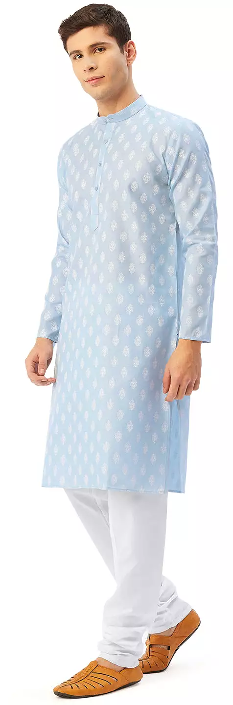 Cotton Kurta Pyjama Indian Traditional Printed Men (Sky Blue)