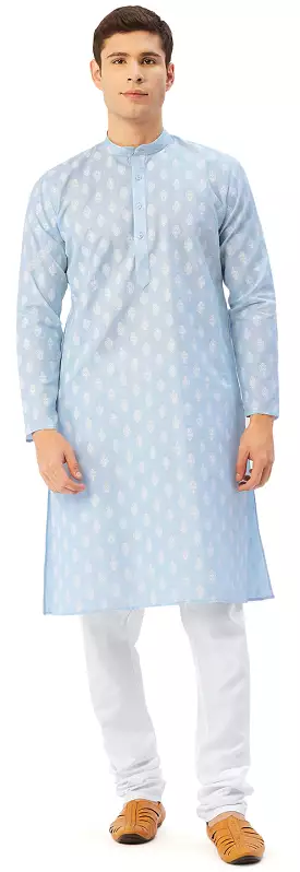 Cotton Kurta Pyjama Indian Traditional Printed Men (Sky Blue)