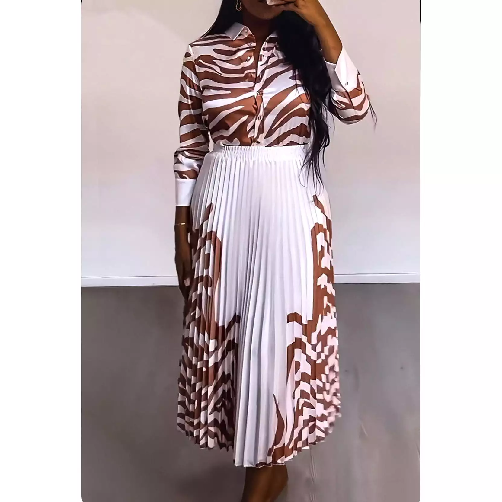 Dashiki Print Pleated Skirt and Shirt Set