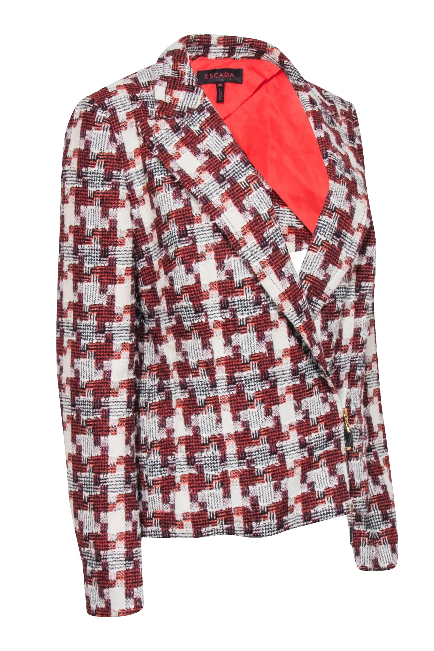 Escada - Red & White Patch Hound-stooth Wool Zip Front Blazer Sz 10