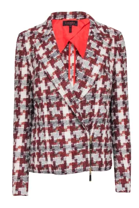 Escada - Red & White Patch Hound-stooth Wool Zip Front Blazer Sz 10