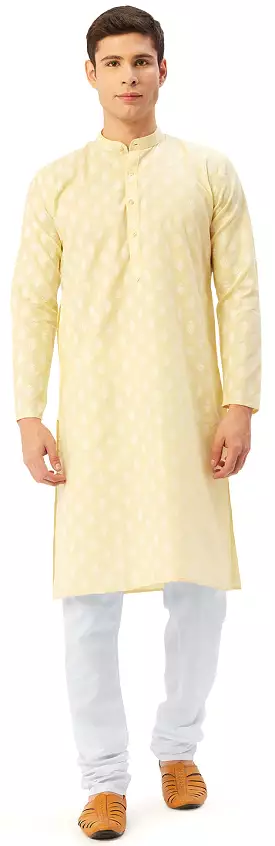 Ethnic Wear Men's Printed Kurta Pyjama Set Cotton Indian (Yellow)