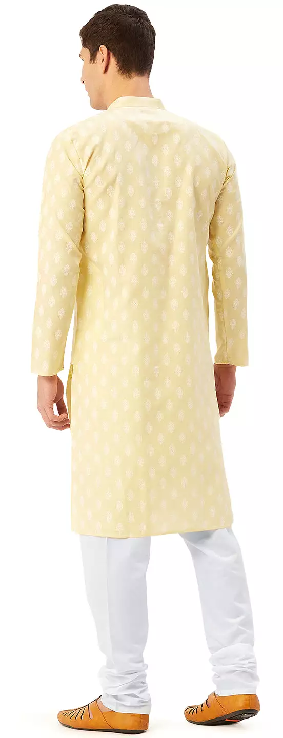 Ethnic Wear Men's Printed Kurta Pyjama Set Cotton Indian (Yellow)