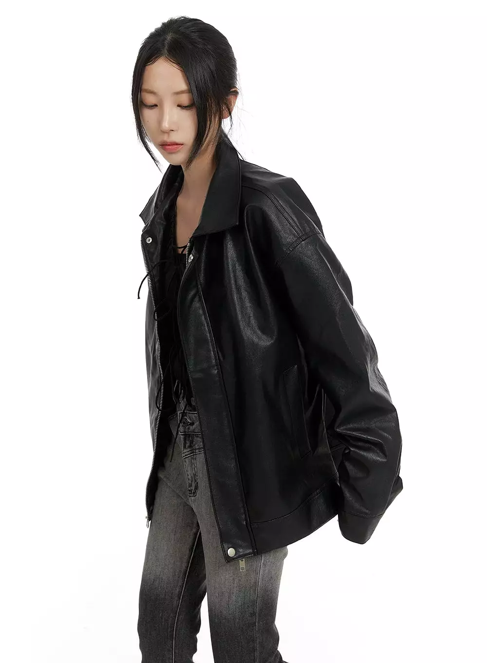 Faux Leather Zip-Up Jacket (UNISEX) CF428