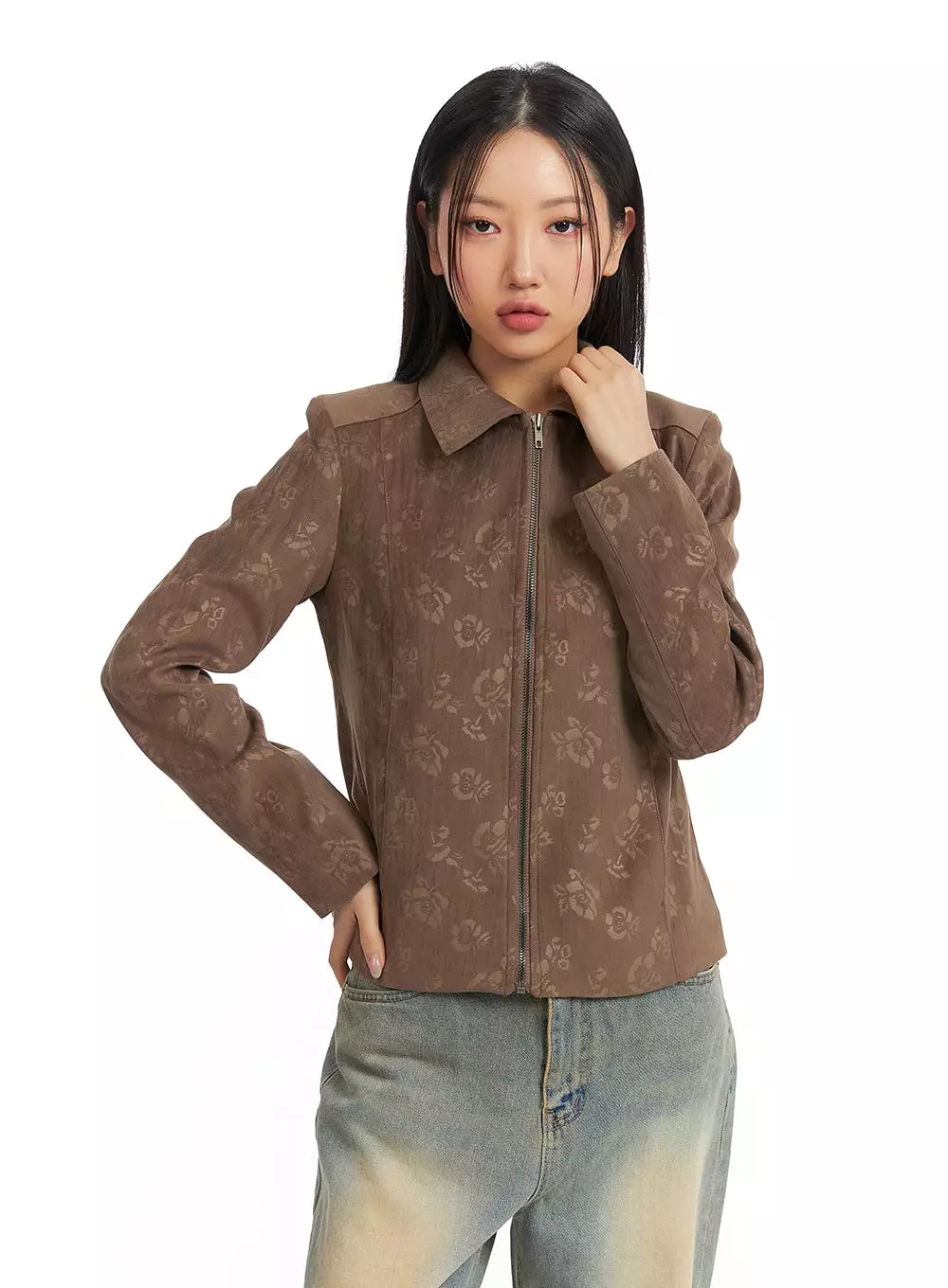 Floral Jacquard Zip-Up Jacket CJ426