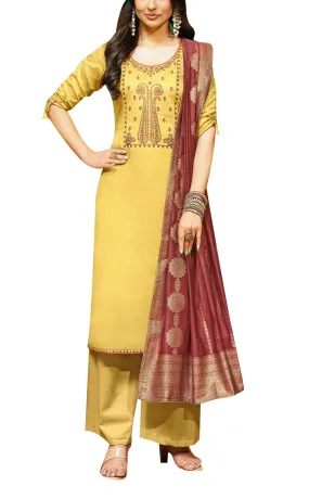 Formal Premium Cotton Plain Embroidered Salwar Kameez with Silk Weaving Dupatta Womens