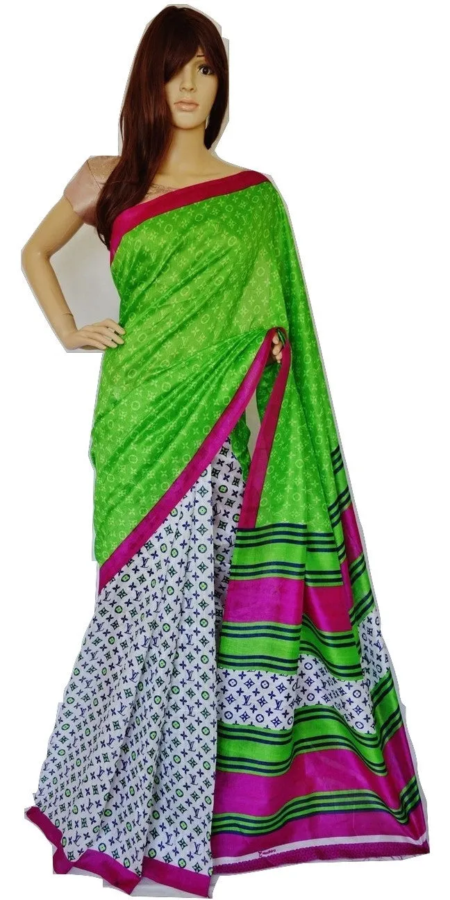 Gorgeous White & Green  Cotton Mix Silk Saree