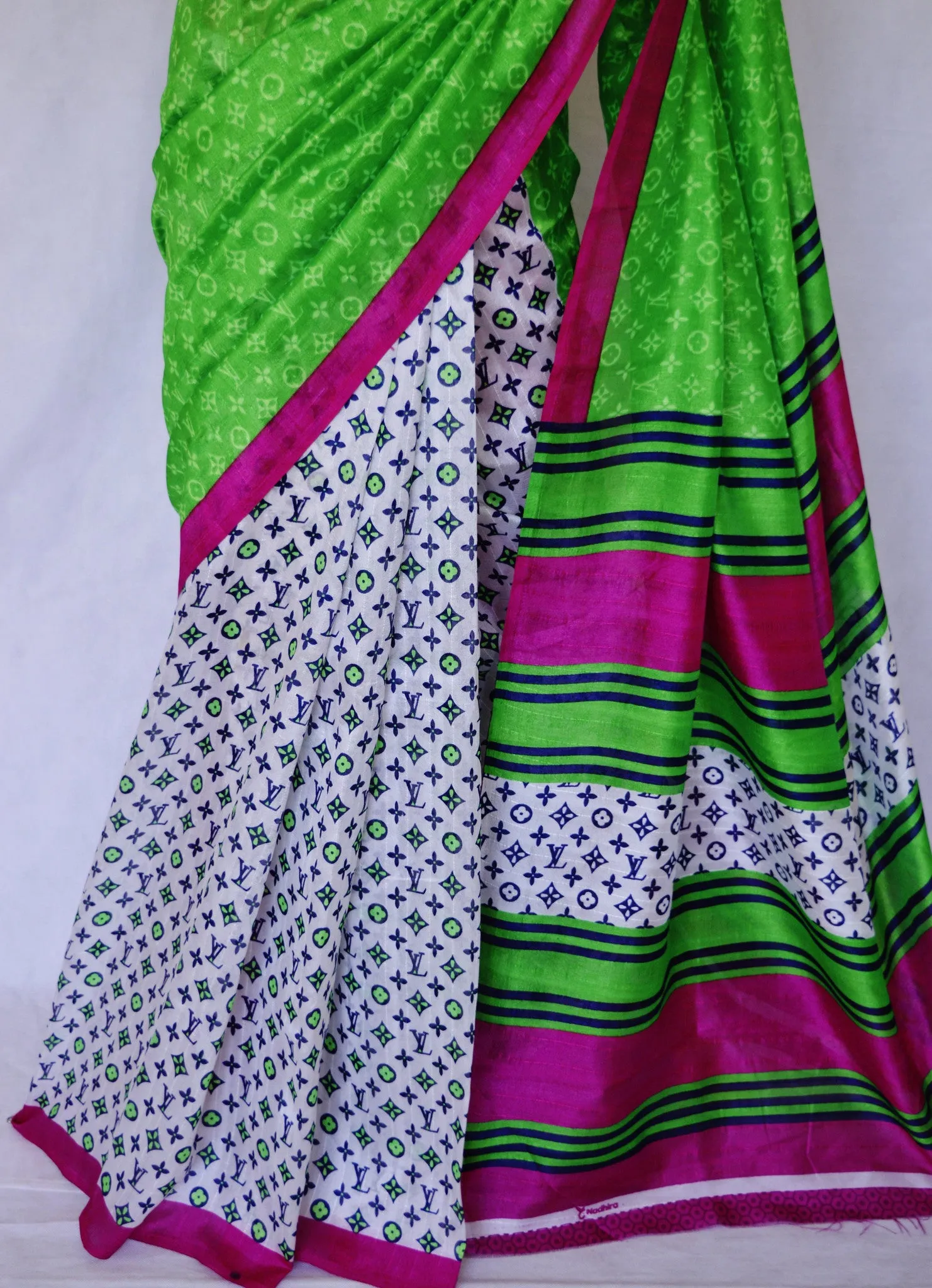 Gorgeous White & Green  Cotton Mix Silk Saree