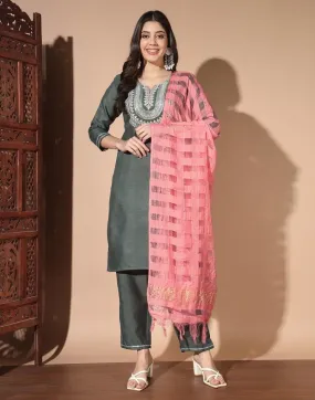 Grey Cotton Printed Kurta Set With Dupatta