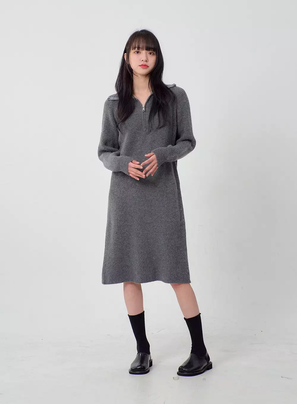 Half Zip-Up Midi Knit Dress OJ317