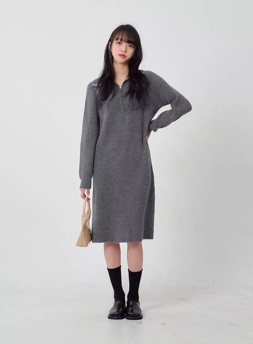 Half Zip-Up Midi Knit Dress OJ317