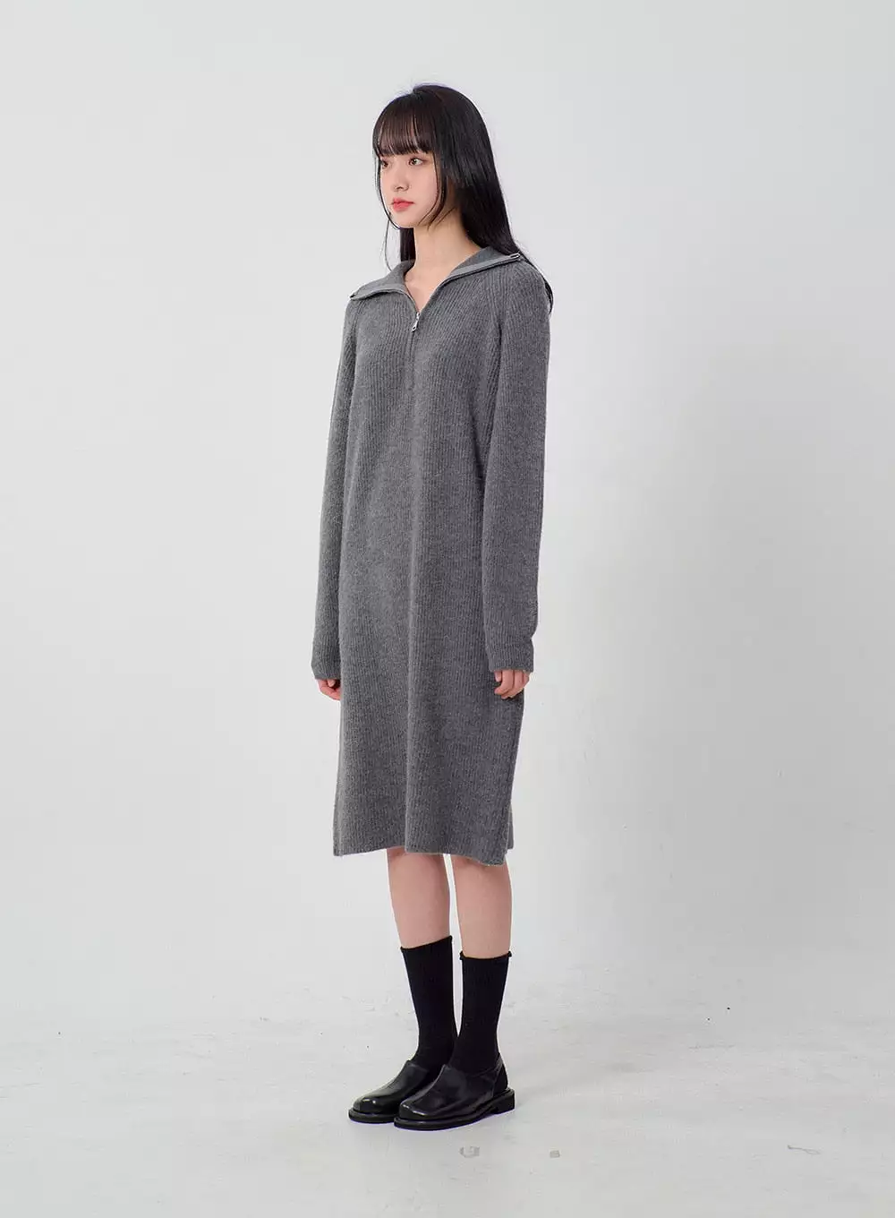 Half Zip-Up Midi Knit Dress OJ317