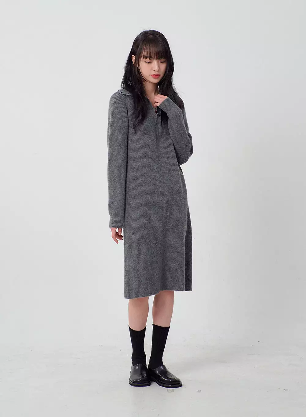 Half Zip-Up Midi Knit Dress OJ317