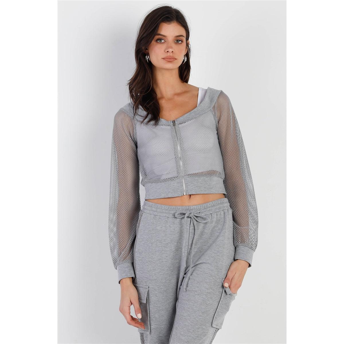 Heather Grey Contrast Fishnet Zip-up Top & Pants Set