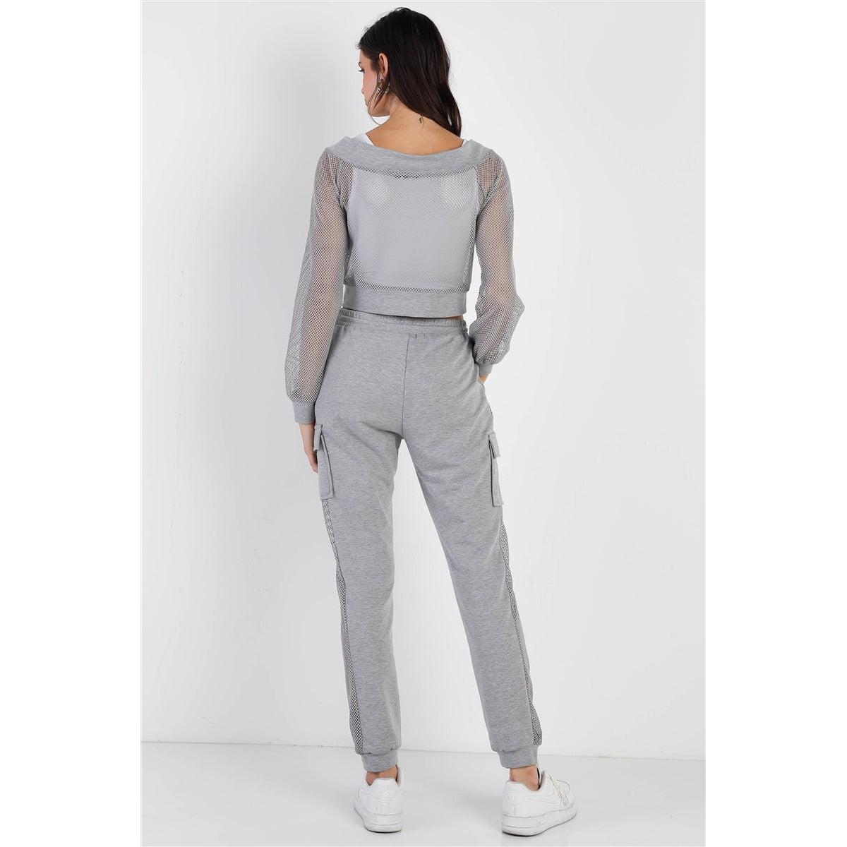 Heather Grey Contrast Fishnet Zip-up Top & Pants Set