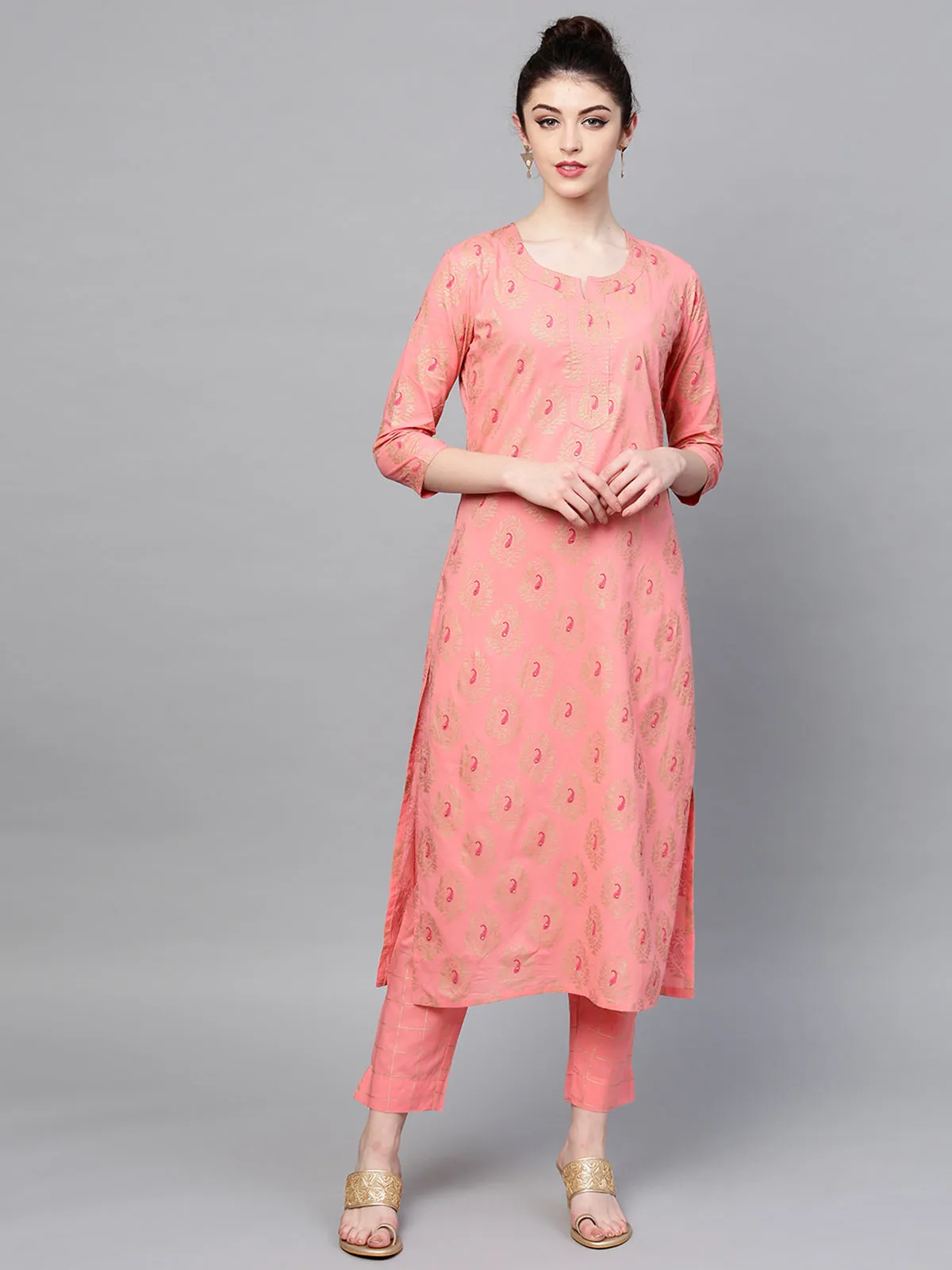 Ishin Women's Cotton Pink Foil Printed A-Line Kurta Palazzo Set